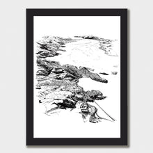 Load image into Gallery viewer, A black and white illustrated map of Port Chalmers laid out on white paper within a black frame against a white wall.