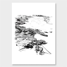 Load image into Gallery viewer, A black and white illustrated map of Port Chalmers laid out on white paper against a white wall.