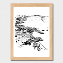 Load image into Gallery viewer, A black and white illustrated map of Port Chalmers laid out on white paper within a light wooden frame against a white wall.