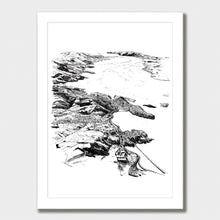 Load image into Gallery viewer, A black and white illustrated map of Port Chalmers laid out on white paper within a white frame against a white wall.