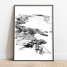 Load image into Gallery viewer, A black and white illustrated map of Port Chalmers laid out on white paper within a black frame, leaning against a white wall and wooden flooring.