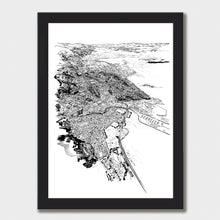 Load image into Gallery viewer, A black and white illustrated map of Nelson laid out on white paper within a black frame against a white wall.