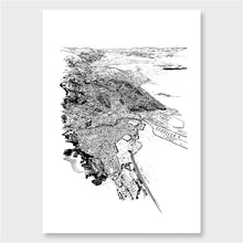 Load image into Gallery viewer, A black and white illustrated map of Nelson laid out on white paper against a white wall.