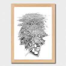 Load image into Gallery viewer, A black and white illustrated map of Melbourne City laid out on white paper within a light wooden frame, against a white wall.