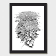 Load image into Gallery viewer, A black and white illustrated map of Melbourne City laid out on white paper within a black frame, against a white wall.