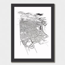 Load image into Gallery viewer, A black and white illustrated map of Palmerston North laid out on white paper within a black frame, against a white wall.