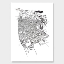 Load image into Gallery viewer, A black and white illustrated map of Palmerston North laid out on white paper, against a white wall.