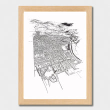 Load image into Gallery viewer, A black and white illustrated map of Palmerston North laid out on white paper within a light wooden frame, against a white wall.