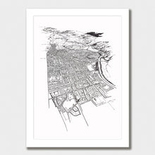 Load image into Gallery viewer, A black and white illustrated map of Palmerston North laid out on white paper within a white frame, against a white wall.