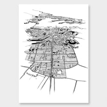 Load image into Gallery viewer, A black and white illustrated print of Auckland City laid out on white paper against a white wall.