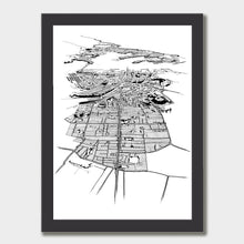 Load image into Gallery viewer, A black and white illustrated print of Auckland City laid out on white paper within a black frame against a white wall.