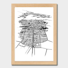 Load image into Gallery viewer, A black and white illustrated print of Auckland City laid out on white paper within a light wooden frame against a white wall.