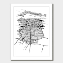Load image into Gallery viewer, A black and white illustrated print of Auckland City laid out on white paper within a white frame against a white wall.