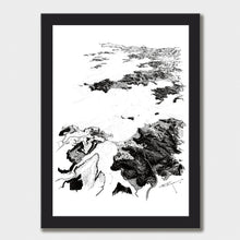 Load image into Gallery viewer, A black and white illustrated print of Bay of Islands laid out on white paper within a black frame, against a white wall.