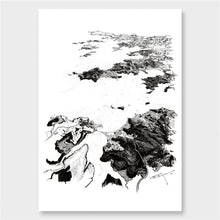 Load image into Gallery viewer, A black and white illustrated print of Bay of Islands laid out on white paper, against a white wall.