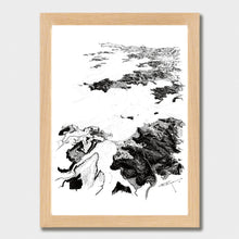 Load image into Gallery viewer, A black and white illustrated print of Bay of Islands laid out on white paper within a light wooden frame, against a white wall.