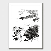 Load image into Gallery viewer, A black and white illustrated print of Bay of Islands laid out on white paper within a white frame, against a white wall.