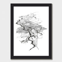Load image into Gallery viewer, A black and white illustrated print of Cambridge laid out on white paper within a black frame, against a white wall.
