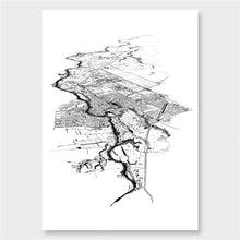 Load image into Gallery viewer, A black and white illustrated print of Cambridge laid out on white paper, against a white wall.