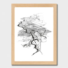 Load image into Gallery viewer, A black and white illustrated print of Cambridge laid out on white paper within a light wooden frame, against a white wall.