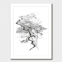 Load image into Gallery viewer, A black and white illustrated print of Cambridge laid out on white paper within a white frame, against a white wall.
