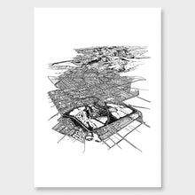 Load image into Gallery viewer, A black and white illustrated print of Christchurch City laid out on white paper against a white wall.