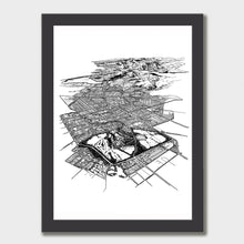 Load image into Gallery viewer, A black and white illustrated print of Christchurch City laid out on white paper within a black frame against a white wall.
