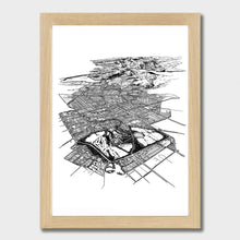 Load image into Gallery viewer, A black and white illustrated print of Christchurch City laid out on white paper within a light wooden frame against a white wall.