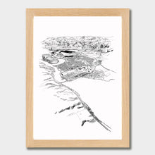 Load image into Gallery viewer, A black and white illustrated print of Cromwell laid out on white paper within a light wooden frame, against a white wall.