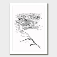 Load image into Gallery viewer, A black and white illustrated print of Cromwell laid out on white paper within a white frame, against a white wall.