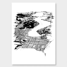 Load image into Gallery viewer, A black and white illustrated print of Dunedin City laid out on white paper against a white wall.