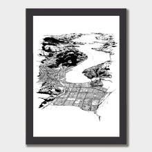 Load image into Gallery viewer, A black and white illustrated print of Dunedin City laid out on white paper within a black frame against a white wall.