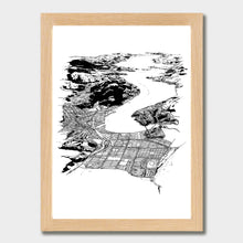 Load image into Gallery viewer, A black and white illustrated print of Dunedin City laid out on white paper within a light wooden frame against a white wall.