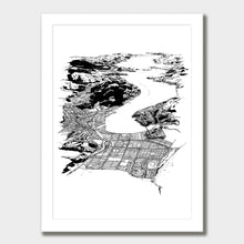 Load image into Gallery viewer, A black and white illustrated print of Dunedin City laid out on white paper within a white frame against a white wall.