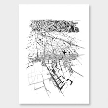 Load image into Gallery viewer, A black and white illustrated print of Greytown laid out on white paper, against a white wall.