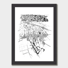 Load image into Gallery viewer, A black and white illustrated print of Greytown laid out on white paper within a black frame, against a white wall.