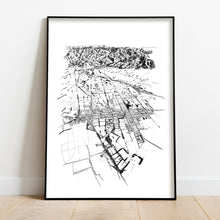 Load image into Gallery viewer, A black and white illustrated print of Greytown laid out on white paper, framed in a black frame, leaning on a white wall and wooden flooring.