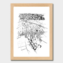 Load image into Gallery viewer, A black and white illustrated print of Greytown laid out on white paper within a light wooden frame, against a white wall.