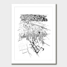 Load image into Gallery viewer, A black and white illustrated print of Greytown laid out on white paper within a white frame, against a white wall.