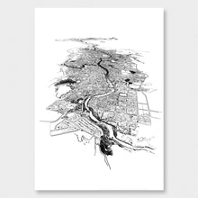 Load image into Gallery viewer, A black and white illustrated print of Hamilton laid out on white paper, against a white wall.