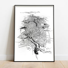 Load image into Gallery viewer, A black and white illustrated print of Hamilton laid out on white paper, framed in a black frame, leaning on a white wall and wooden flooring.