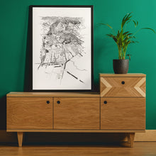 Load image into Gallery viewer, A black and white illustrated print of Hanmer Springs, laid out on white paper within a black frame, leaning against a green wall and sitting on a wooden console table with a pot plant.