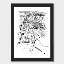 Load image into Gallery viewer, A black and white illustrated print of Hanmer Springs laid out on white paper within a black frame, against a white wall.