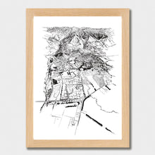 Load image into Gallery viewer, A black and white illustrated print of Hanmer Springs laid out on white paper within a light wooden frame, against a white wall.