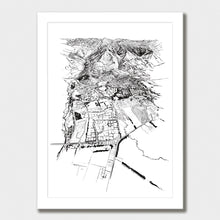 Load image into Gallery viewer, A black and white illustrated print of Hanmer Springs laid out on white paper within a white frame, against a white wall.
