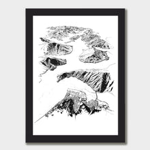 Load image into Gallery viewer, A black and white illustrated print of Havelock laid out on white paper within a black frame, against a white wall.