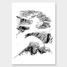 Load image into Gallery viewer, A black and white illustrated print of Havelock laid out on white paper, against a white wall.