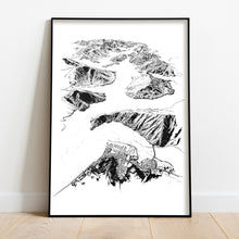 Load image into Gallery viewer, A black and white illustrated print of Havelock laid out on white paper, framed in a black frame, leaning on a white wall and wooden flooring.