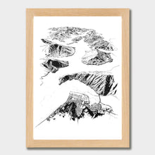 Load image into Gallery viewer, A black and white illustrated print of Havelock laid out on white paper within a light wooden frame, against a white wall.
