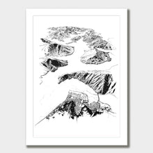 Load image into Gallery viewer, A black and white illustrated print of Havelock laid out on white paper within a white frame, against a white wall.